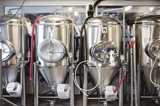 Stainless steel storage tanks at brewery