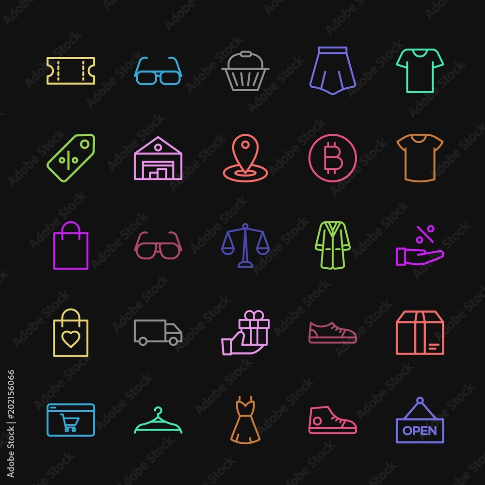 Poster modern simple colorful set of clothes, shopping vector outline icons. contains such icons as store, 