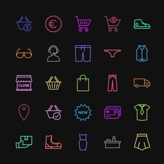 Modern Simple Colorful Set of clothes, shopping Vector outline Icons. Contains such Icons as  beautiful,  basket,  postal,  dress, cash, usd and more on dark background. Fully Editable. Pixel Perfect