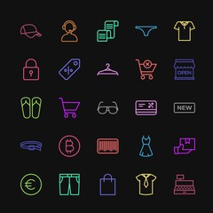 Modern Simple Colorful Set of clothes, shopping Vector outline Icons. Contains such Icons as  hat,  baseball,  t-shirt,  dollar,  delivery and more on dark background. Fully Editable. Pixel Perfect