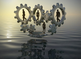 Team on gears at the sea at dusk. Executives walking inside gears at the sea at dusk demonstrate the power of cooperation and synergy.
