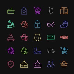 Modern Simple Colorful Set of clothes, shopping Vector outline Icons. Contains such Icons as  favorite,  package,  handle, bra,  banner,  buy and more on dark background. Fully Editable. Pixel Perfect