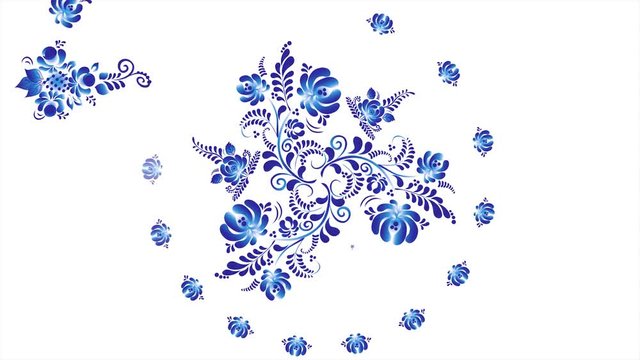 Khokhloma blue on white background. Animation of Khokhloma blue on white background. Retro style of Russian Khokhloma