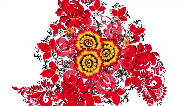 Painting Khokhloma Russia of bright red flowers and berries on white background. Abstract fractal transformation background. Red Khokhloma on a white background