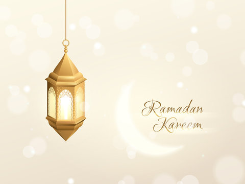 Vector 3d realistic greeting card with gold islamic lantern, shiny moon and a text “Ramadan Kareem”. Light elegant background with effect bokeh.