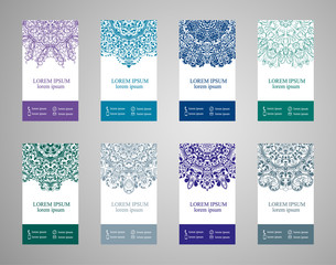 Vector vintage set of business cards. Floral mandala pattern and decoration. The layout of the Oriental style. Islam, Arabic, Indian, Ottoman motifs. Home page and page back. EPS 10