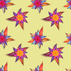 Fototapeta na wymiar Abstract exotic pink and orange flowers on light yellow background. Seamless pattern. Fantasy tropical fractal design.