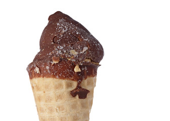 Chocolate ice cream in a cone isolated on white background.