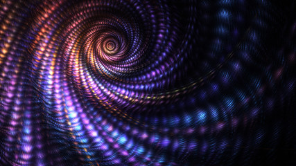 Abstract intricate spiral design with blue, purple and orange glittering threads. Fantastic fractal texture. Psychedelic digital art. 3D rendering.