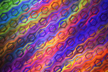 Abstract blue, red, green and orange hexagonal texture. Fractal background. Fantasy digital art. 3D rendering.