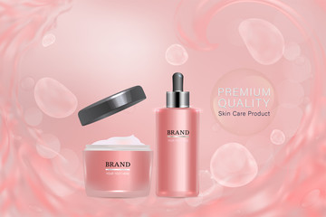 Pink cosmetic containers with advertising background ready to use, liquid splash skin care ad, vector illustration.