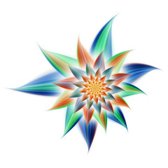 Fototapeta premium Abstract exotic flower with green, blue and orange petals. Fantasy fractal design. Psychedelic digital art. 3D rendering.