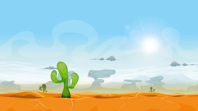 Seamless Western Desert Landscape Animation/
Seamless looped animation of a desert landscape background, with cactus plants, mountains and clouds in the sunshine