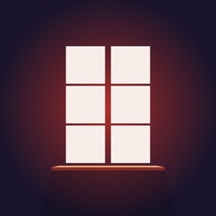 Window in a dark room with light. Dusk view, red shades. Vector illustration