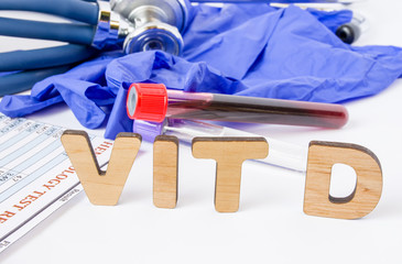 Vit D vitamin D acronym or abbreviation diagnostics or medical laboratory test photo concept. Word...