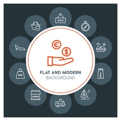 clothes, shopping, travel Infographic Circle outline Icons Set. Contains such Icons as  business,  website,  elements,  background,  pattern,  illustration and more. Fully Editable. Pixel Perfect