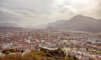 Fototapeta na wymiar city Grenoble panoramic view from the Bastille France Europe