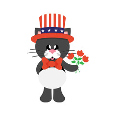 4 july cartoon cute black cat in hat with flowers