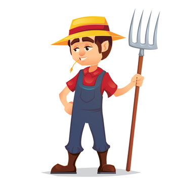 Cute cartoon young guy farmer in straw hat and holding pitchfork isolated on white background. Vector illustration.
