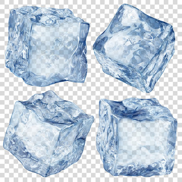 Set of four realistic translucent ice cubes in blue color isolated on transparent background. Transparency only in vector format