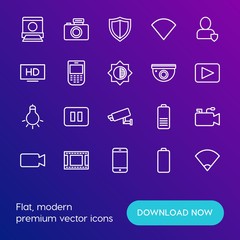 Modern Simple Set of mobile, security, video, photos Vector outline Icons. Contains such Icons as microphone, camera, hd,  online,  wifi and more on gradient background. Fully Editable. Pixel Perfect.