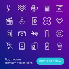 Modern Simple Set of mobile, security, video, photos Vector outline Icons. Contains such Icons as  application,  camera, lightning, lens and more on gradient background. Fully Editable. Pixel Perfect.