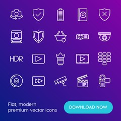 Modern Simple Set of mobile, security, video, photos Vector outline Icons. Contains such Icons as energy,  production,  scroll,  video and more on gradient background. Fully Editable. Pixel Perfect.