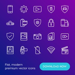 Modern Simple Set of mobile, security, video, photos Vector outline Icons. Contains such Icons as  movie,  game,  modern,  video, camera and more on gradient background. Fully Editable. Pixel Perfect.
