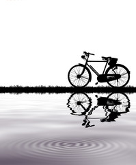 silhouette vintage bike and water reflection on white background.