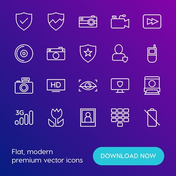 Modern Simple Set of mobile, security, video, photos Vector outline Icons. Contains such Icons as  lens,  camera, hd, network,  wireless and more on gradient background. Fully Editable. Pixel Perfect.