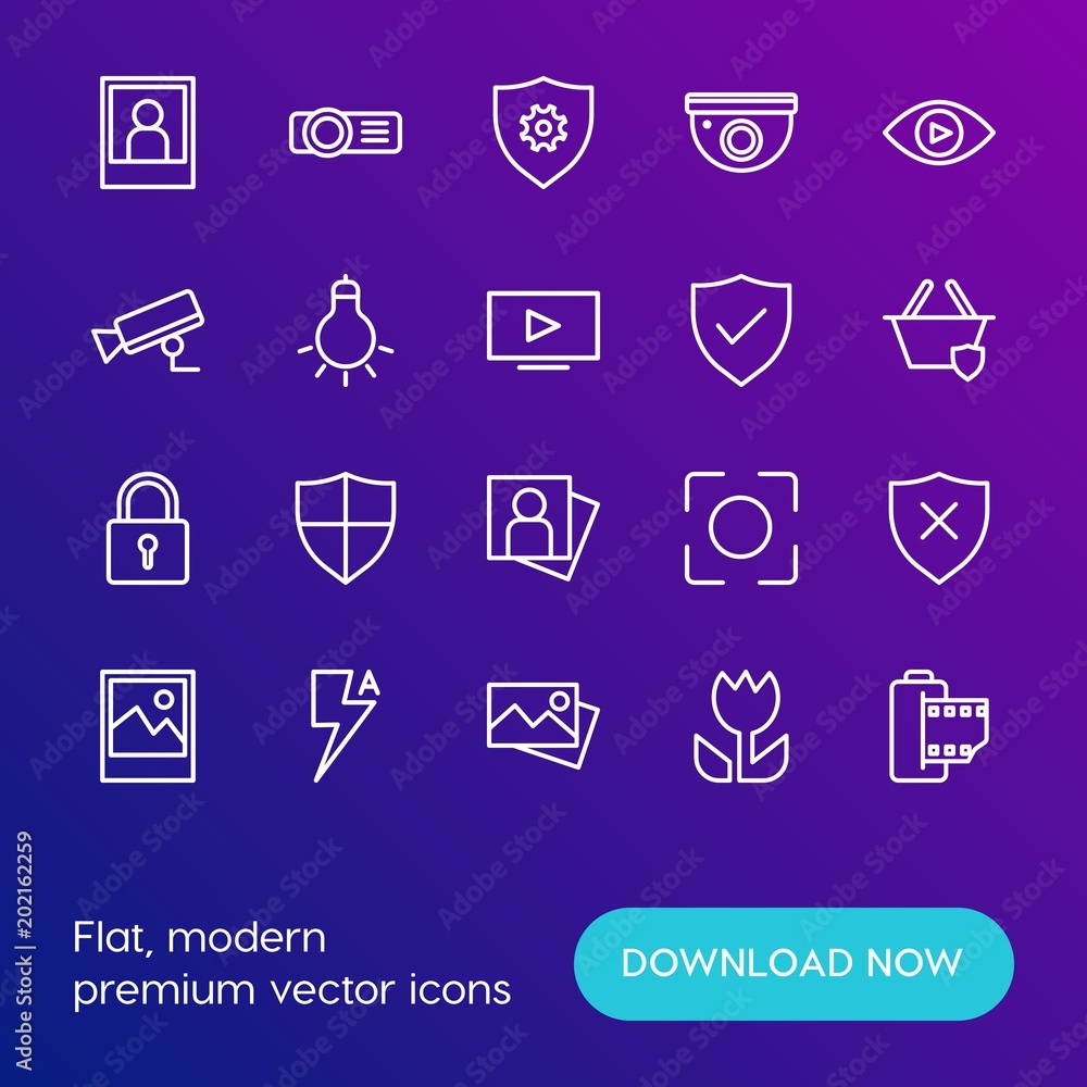 Poster modern simple set of mobile, security, video, photos vector outline icons. contains such icons as ba