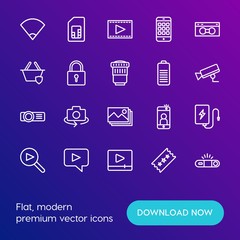 Modern Simple Set of mobile, security, video, photos Vector outline Icons. Contains such Icons as security,  cassette,  connection,  old and more on gradient background. Fully Editable. Pixel Perfect.