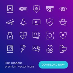 Modern Simple Set of mobile, security, video, photos Vector outline Icons. Contains such Icons as  background,  element,  internet,  web and more on gradient background. Fully Editable. Pixel Perfect.