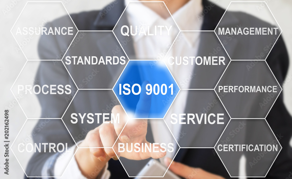Poster business girl clicks on a iso 9001 text button surrounded by specific icons. quality management syst