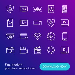 Modern Simple Set of mobile, security, video, photos Vector outline Icons. Contains such Icons as  house, film,  eye,  smartphone,  high and more on gradient background. Fully Editable. Pixel Perfect.