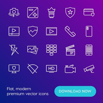 Modern Simple Set of mobile, security, video, photos Vector outline Icons. Contains such Icons as business,  media,  production,  camera and more on gradient background. Fully Editable. Pixel Perfect.