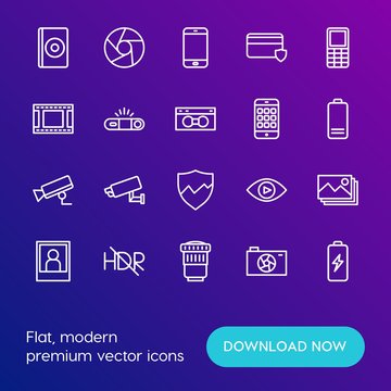 Modern Simple Set of mobile, security, video, photos Vector outline Icons. Contains such Icons as lens,  landscape,  picture,  compact and more on gradient background. Fully Editable. Pixel Perfect.