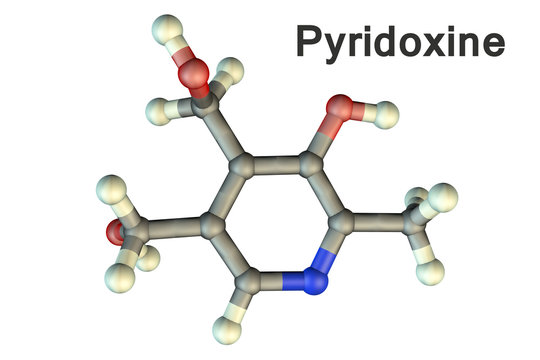 Molecular model of vitamin B6, pyridoxine, 3D illustration. It plays role in synthesis of amino acids, neurotransmitters such as serotonin and norepinephrine, aminolevulinic acid, sphingolipids