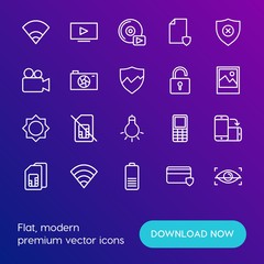 Modern Simple Set of mobile, security, video, photos Vector outline Icons. Contains such Icons as security,  phone,  television, phone and more on gradient background. Fully Editable. Pixel Perfect.