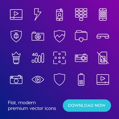 Modern Simple Set of mobile, security, video, photos Vector outline Icons. Contains such Icons as  concept, light,  number,  wireless and more on gradient background. Fully Editable. Pixel Perfect.