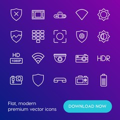 Modern Simple Set of mobile, security, video, photos Vector outline Icons. Contains such Icons as  cameraman, call,  camera,  shield and more on gradient background. Fully Editable. Pixel Perfect.