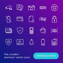 Modern Simple Set of mobile, security, video, photos Vector outline Icons. Contains such Icons as  electronic,  security,  surveillance and more on gradient background. Fully Editable. Pixel Perfect.