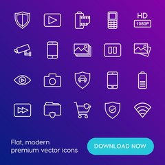 Modern Simple Set of mobile, security, video, photos Vector outline Icons. Contains such Icons as  energy,  connection,  photography, hd and more on gradient background. Fully Editable. Pixel Perfect.
