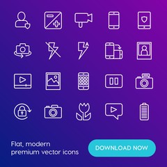Modern Simple Set of mobile, security, video, photos Vector outline Icons. Contains such Icons as  off,  power,  computer,  retro,  play and more on gradient background. Fully Editable. Pixel Perfect.