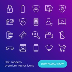 Modern Simple Set of mobile, security, video, photos Vector outline Icons. Contains such Icons as phone,  electronic,  end,  signal,  no and more on gradient background. Fully Editable. Pixel Perfect.