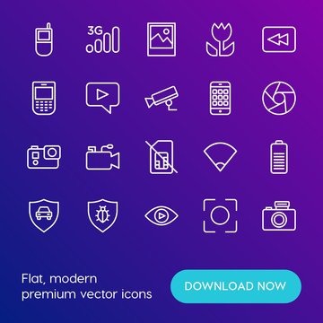 Modern Simple Set of mobile, security, video, photos Vector outline Icons. Contains such Icons as  vintage,  technology, retro,  auto and more on gradient background. Fully Editable. Pixel Perfect.