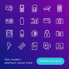 Modern Simple Set of mobile, security, video, photos Vector outline Icons. Contains such Icons as  picture,  vintage,  safe,  phone and more on gradient background. Fully Editable. Pixel Perfect.