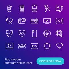Modern Simple Set of mobile, security, video, photos Vector outline Icons. Contains such Icons as  entertainment,  forward, rewind,  cd and more on gradient background. Fully Editable. Pixel Perfect.