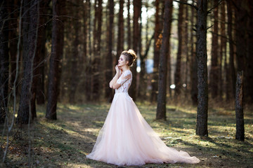 Obraz na płótnie Canvas Portrait of beauty bride in white dress. bride is walking in the woods.