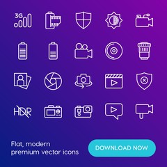 Modern Simple Set of mobile, security, video, photos Vector outline Icons. Contains such Icons as  camera,  photography, security,  dslr and more on gradient background. Fully Editable. Pixel Perfect.